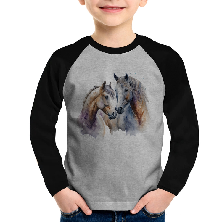 Camiseta Raglan Infantil Cavalo e Égua Manga Longa - Cinza/Preto
