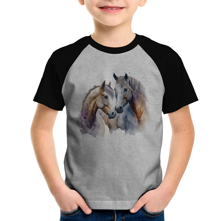 Camiseta Raglan Infantil Cavalo e Égua - Cinza/Preto