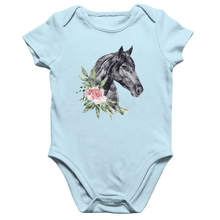 Body Bebê Algodão Cavalo e Flores - Azul Bebê