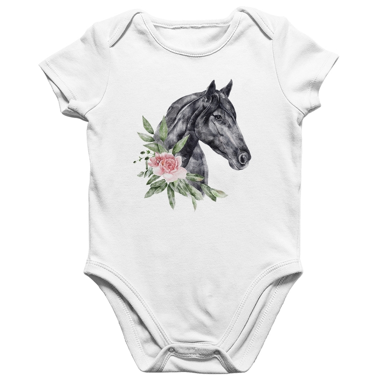 Body Bebê Algodão Cavalo e Flores - Branco