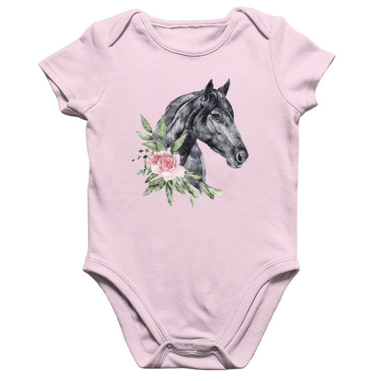 Body Bebê Algodão Cavalo e Flores - Rosa Bebê