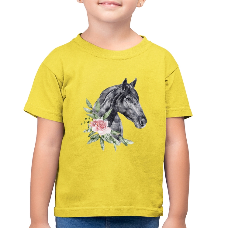 Camiseta Algodão Infantil Cavalo e Flores - Amarelo Canário