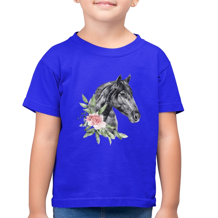 Camiseta Algodão Infantil Cavalo e Flores - Azul Royal