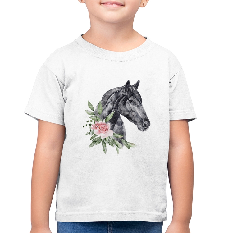 Camiseta Algodão Infantil Cavalo e Flores - Branca