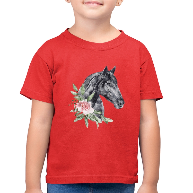 Camiseta Algodão Infantil Cavalo e Flores - Vermelha