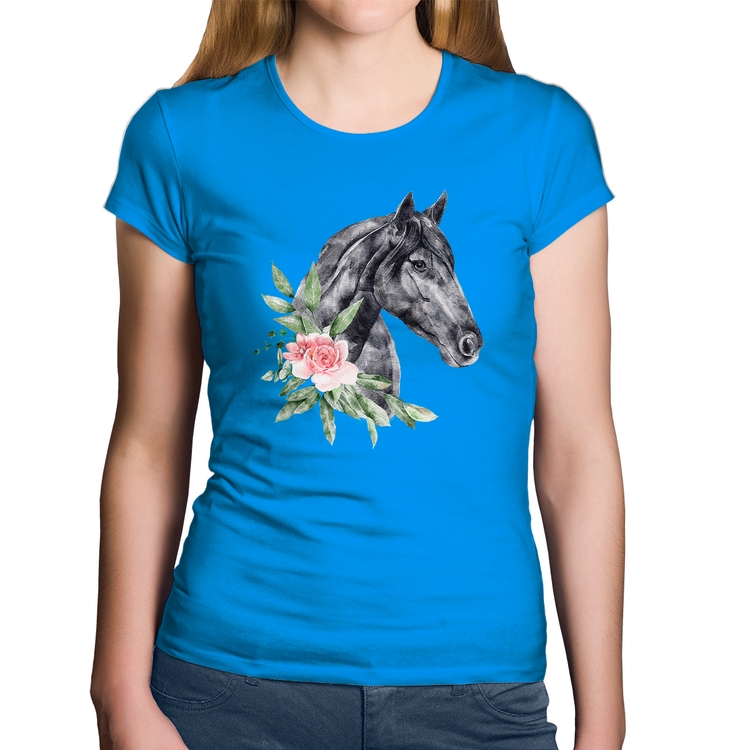 Baby Look Algodão Cavalo e Flores - Azul