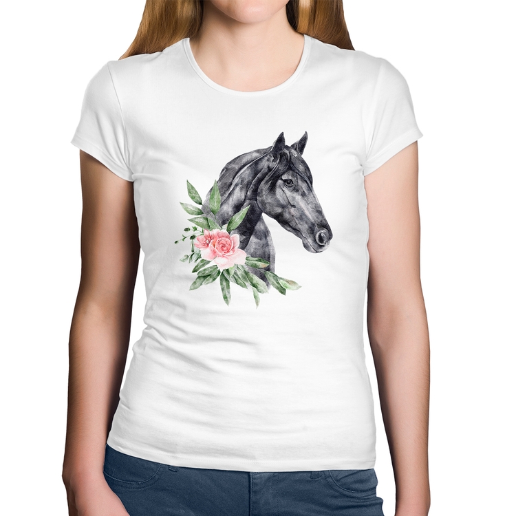 Baby Look Algodão Cavalo e Flores - Branca