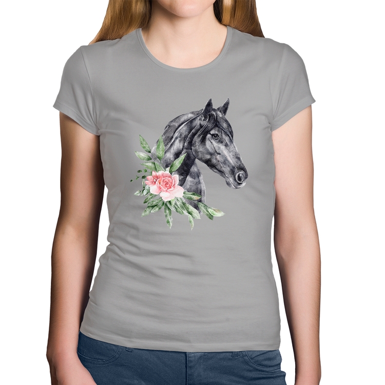 Baby Look Algodão Cavalo e Flores - Cinza