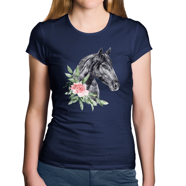 Baby Look Algodão Cavalo e Flores - Marinho