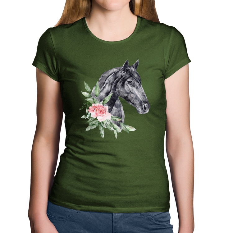 Baby Look Algodão Cavalo e Flores - Musgo