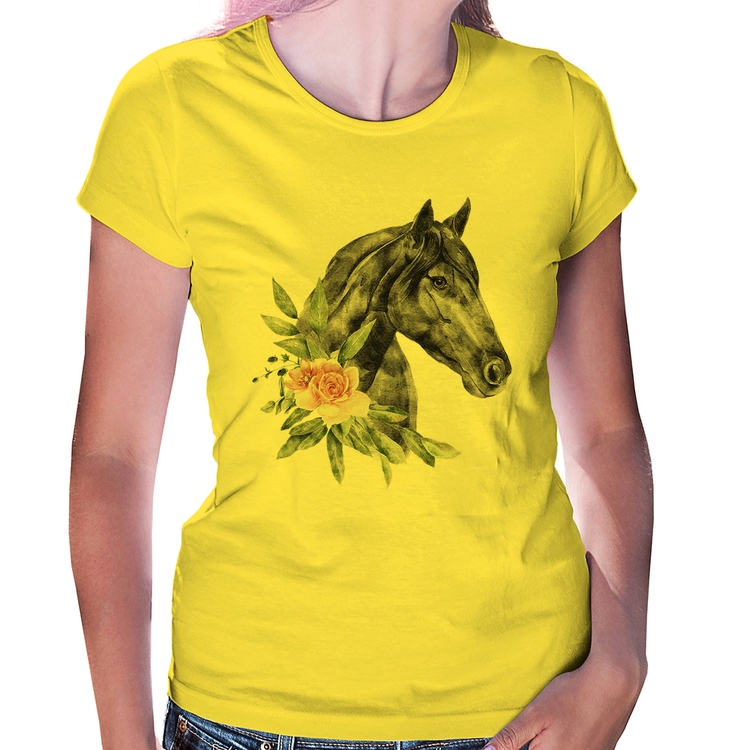 Baby Look Cavalo e Flores - Amarela