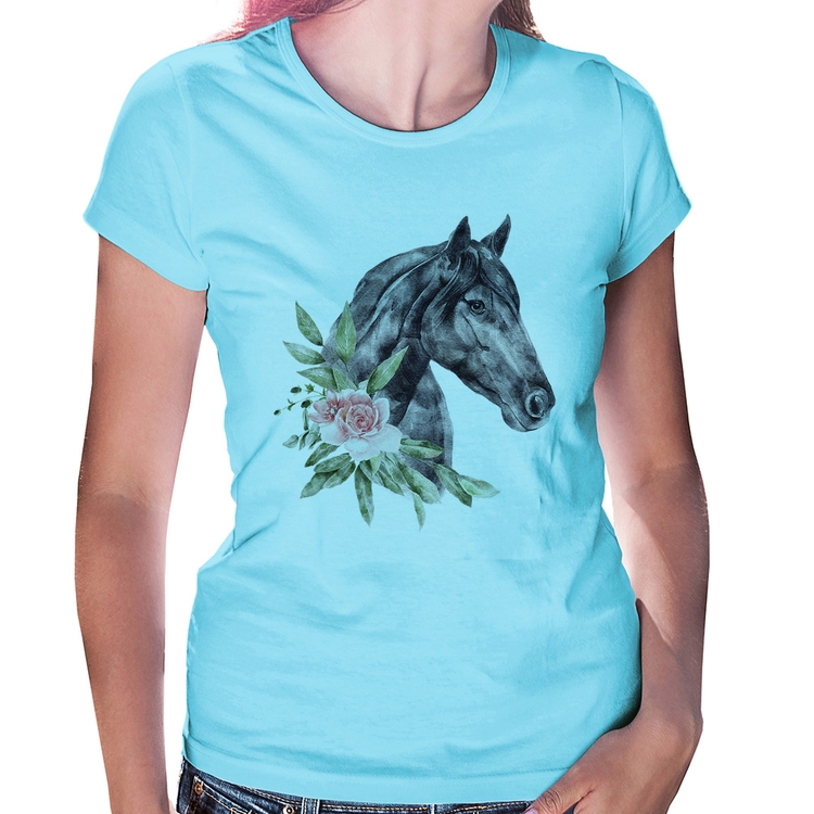 Baby Look Cavalo e Flores - Azul Bebê