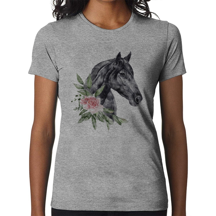 Baby Look Cavalo e Flores - Cinza