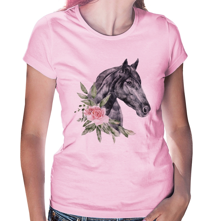 Baby Look Cavalo e Flores - Rosa Bebê