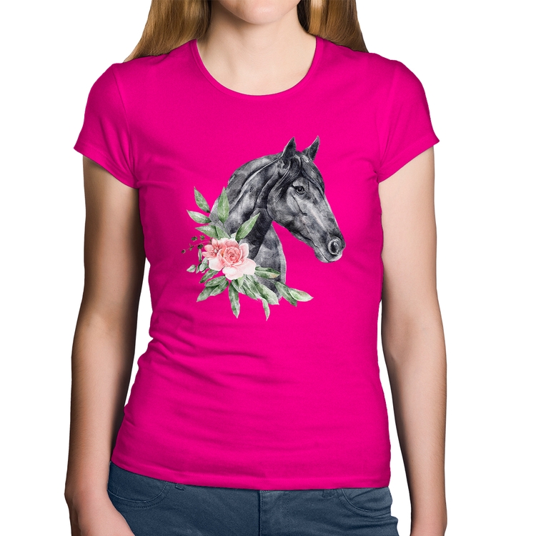 Baby Look Algodão Cavalo e Flores - Rosa