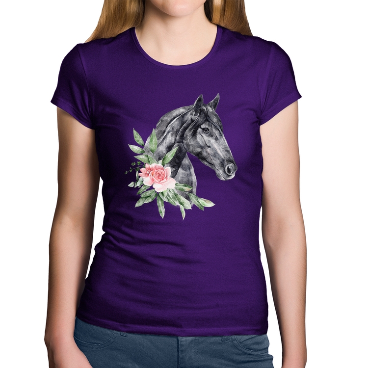 Baby Look Algodão Cavalo e Flores - Roxa