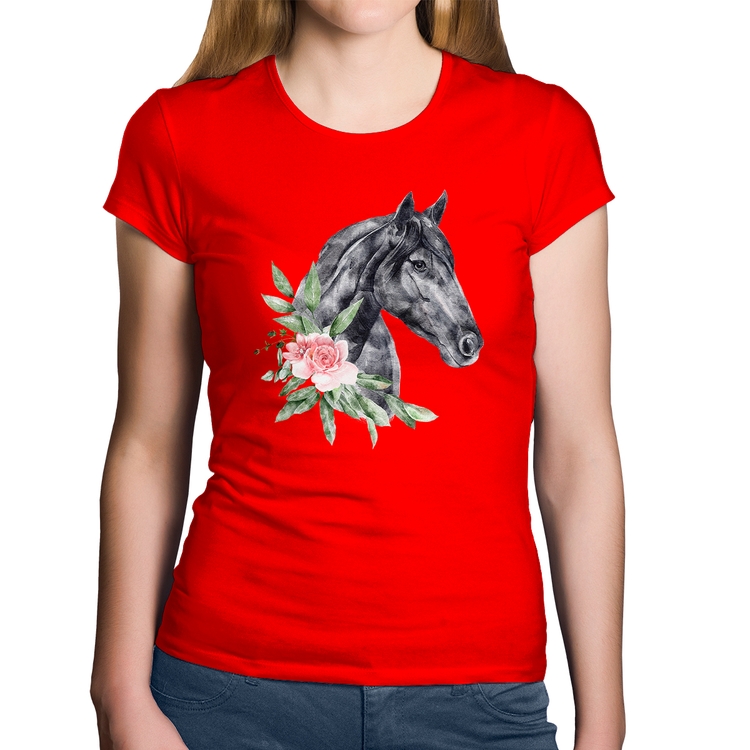 Baby Look Algodão Cavalo e Flores - Vermelha