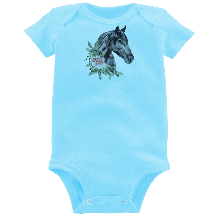 Body Bebê Cavalo e Flores - Azul Bebê
