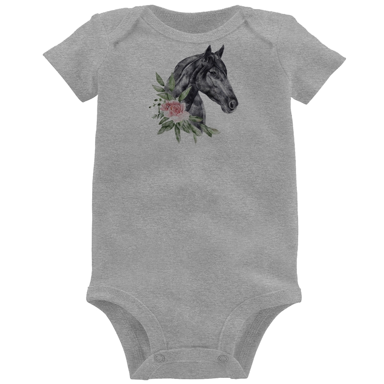 Body Bebê Cavalo e Flores - Cinza