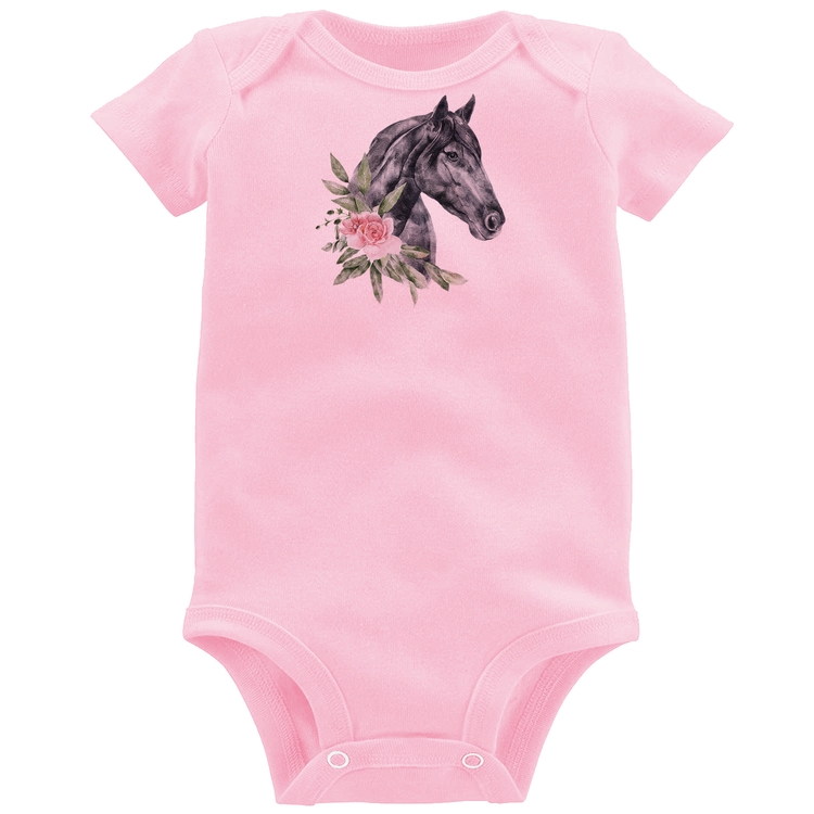 Body Bebê Cavalo e Flores - Rosa Bebê