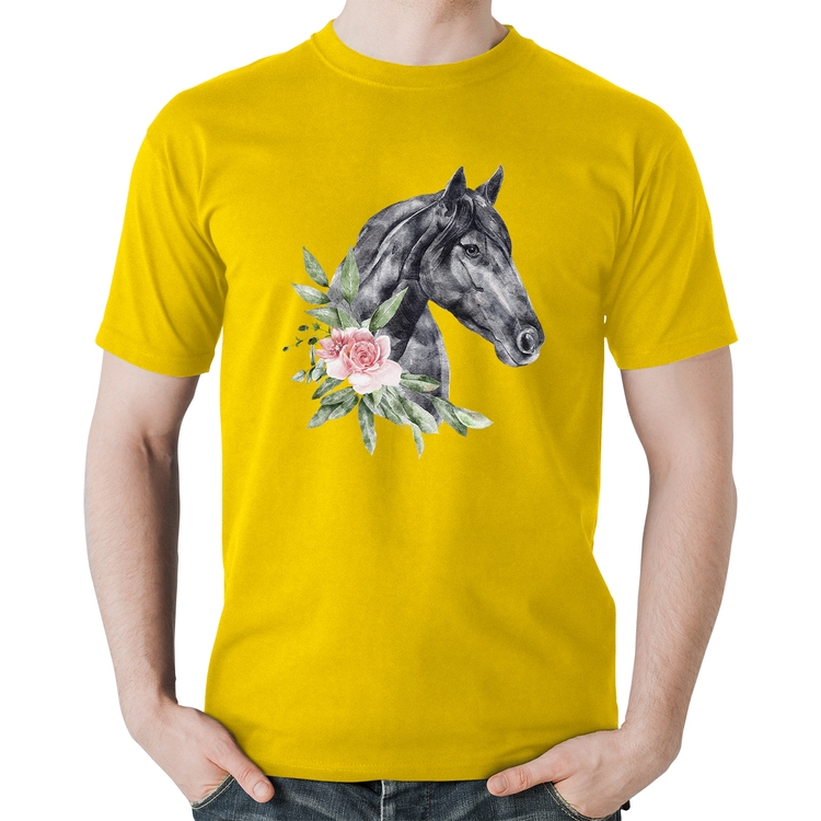 Camiseta Algodão Cavalo e Flores - Amarela