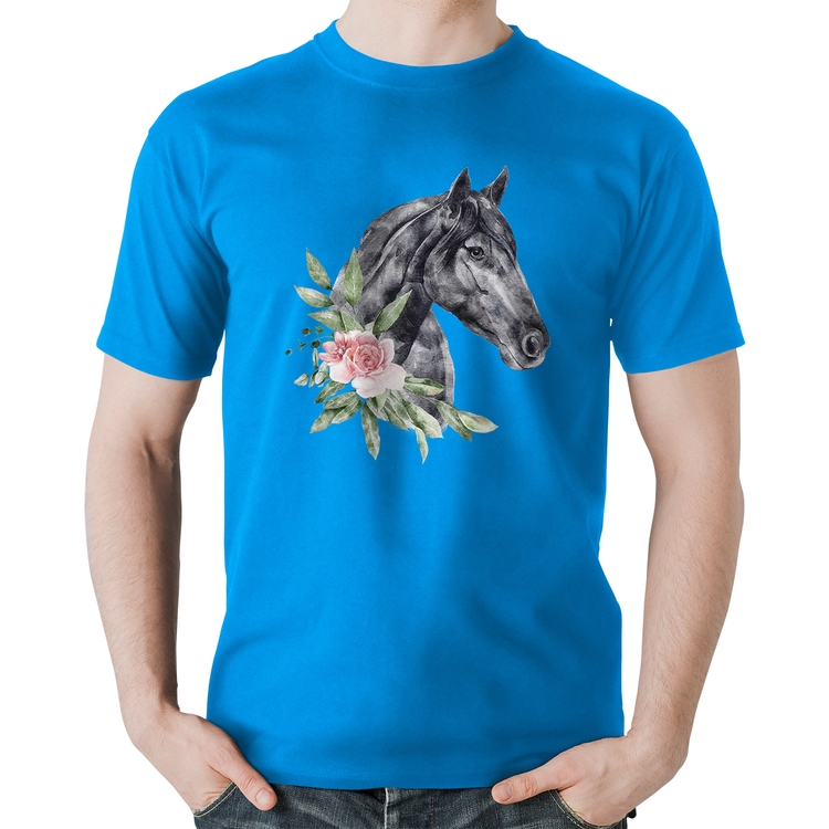 Camiseta Algodão Cavalo e Flores - Azul