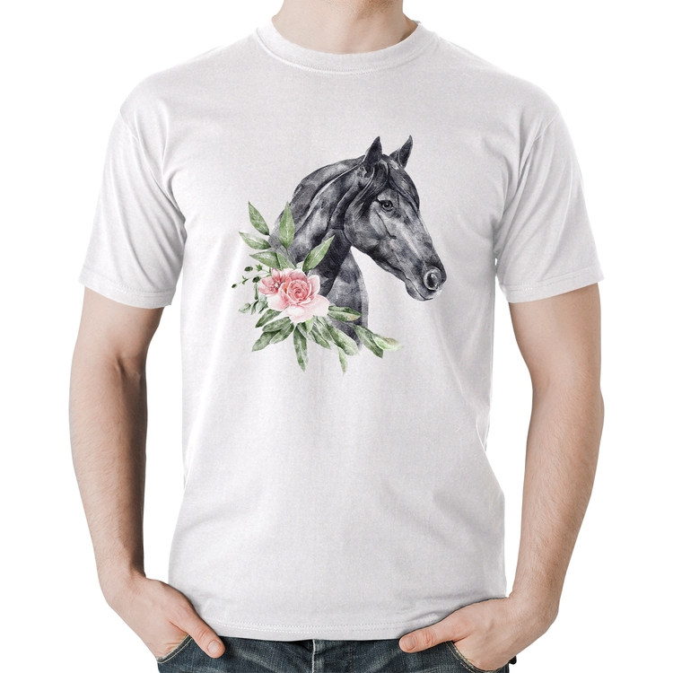Camiseta Algodão Cavalo e Flores - Branca
