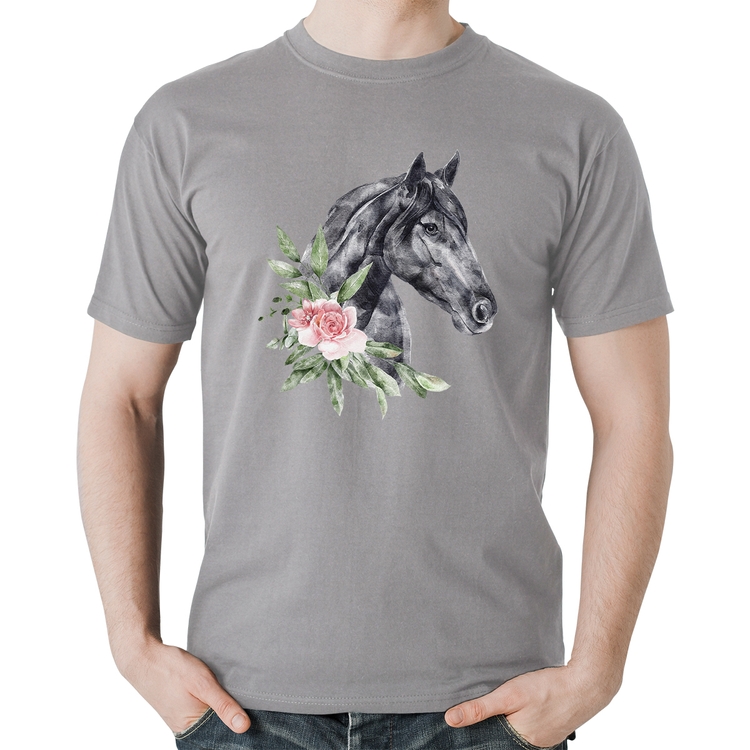 Camiseta Algodão Cavalo e Flores - Cinza