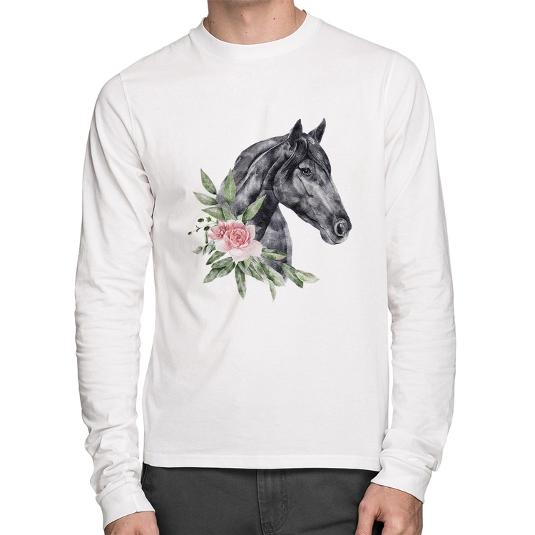 Camiseta Algodão Cavalo e Flores Manga Longa - Branca