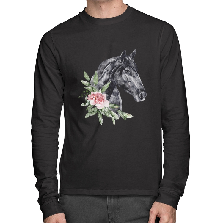 Camiseta Algodão Cavalo e Flores Manga Longa