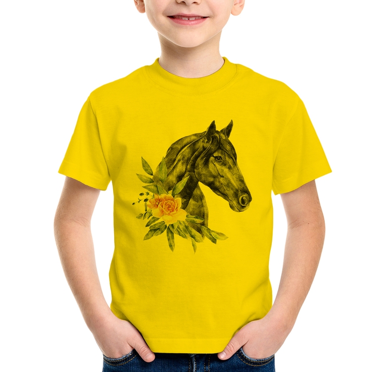 Camiseta Infantil Cavalo e Flores - Amarela