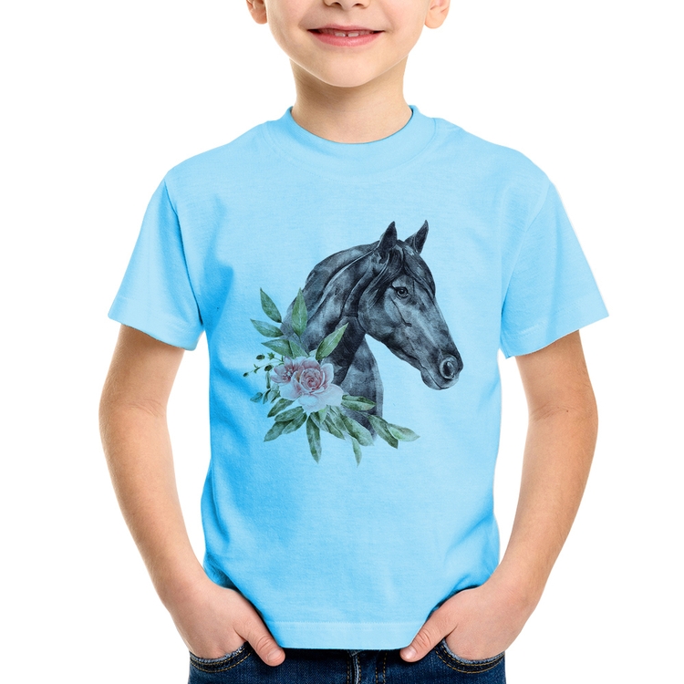 Camiseta Infantil Cavalo e Flores - Azul Bebê
