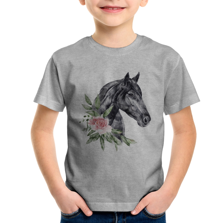 Camiseta Infantil Cavalo e Flores - Cinza