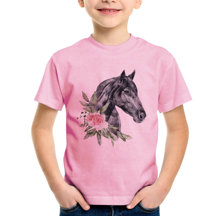 Camiseta Infantil Cavalo e Flores - Rosa Bebê