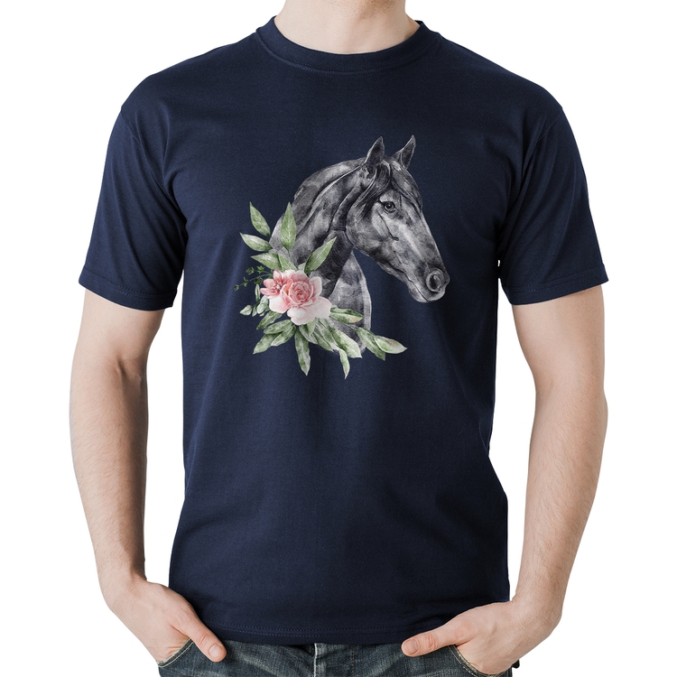Camiseta Algodão Cavalo e Flores - Marinho