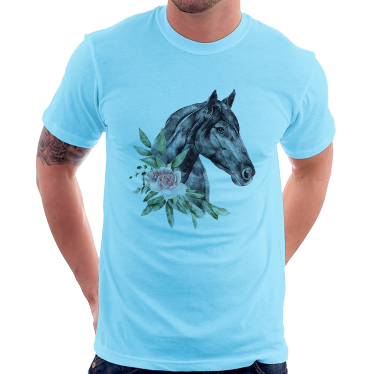 Camiseta Cavalo e Flores - Azul Bebê