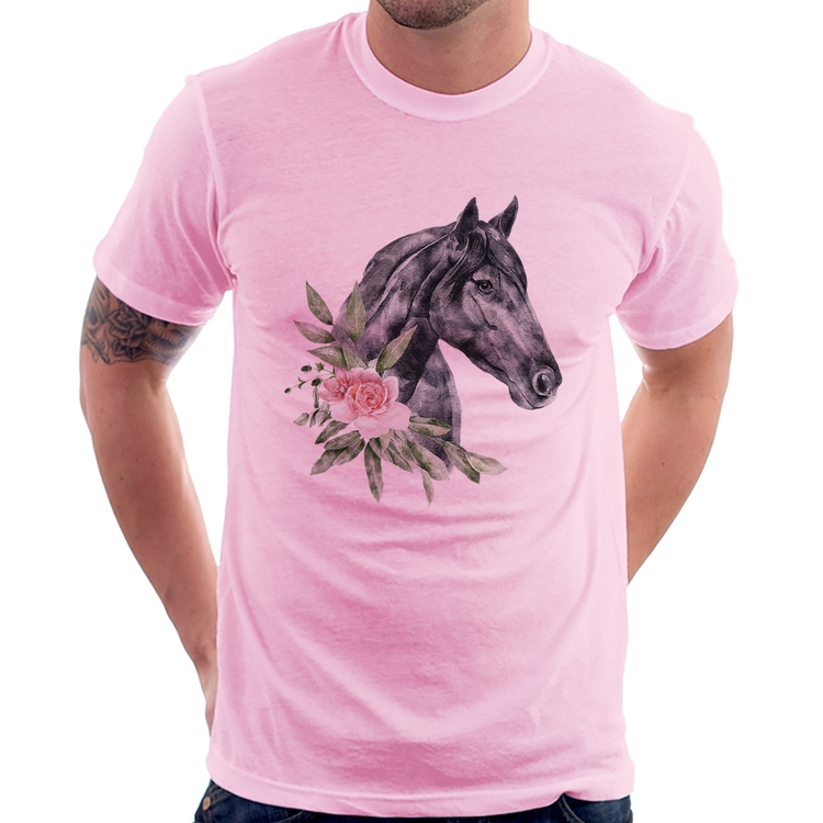 Camiseta Cavalo e Flores - Rosa Bebê