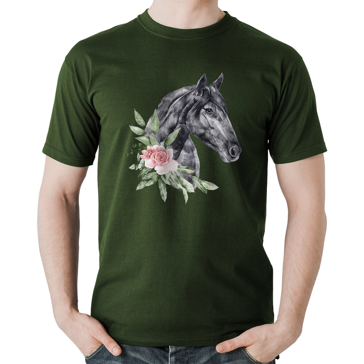 Camiseta Algodão Cavalo e Flores - Musgo