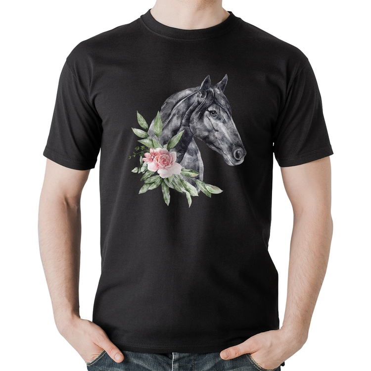 Camiseta Algodão Cavalo e Flores