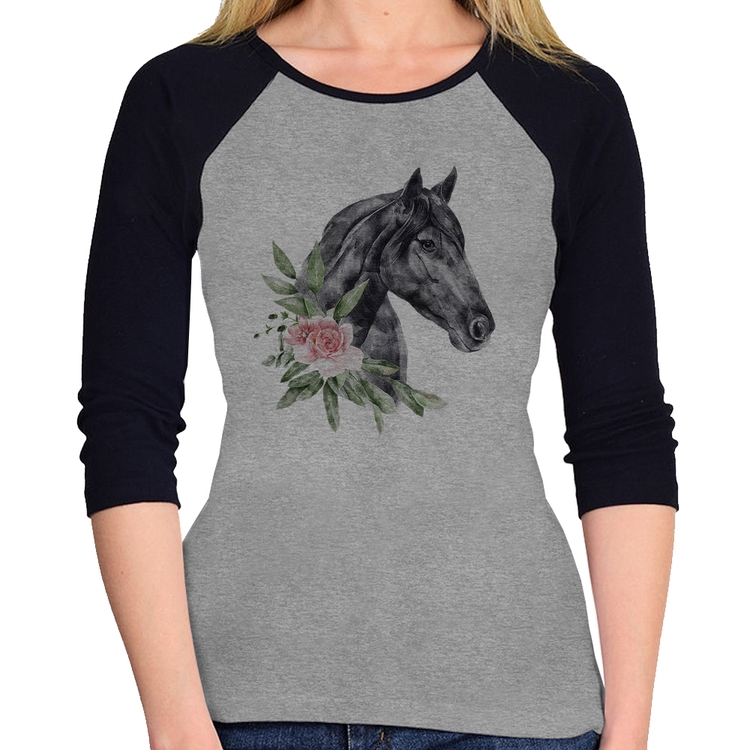Baby Look Raglan Cavalo e Flores Manga 3/4 - Cinza/Preto