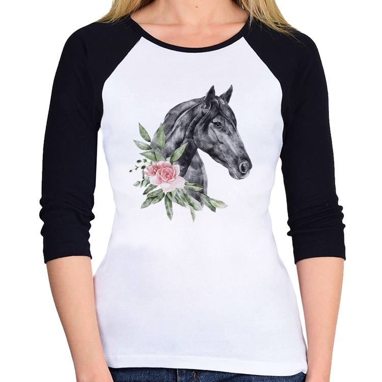 Baby Look Raglan Cavalo e Flores Manga 3/4