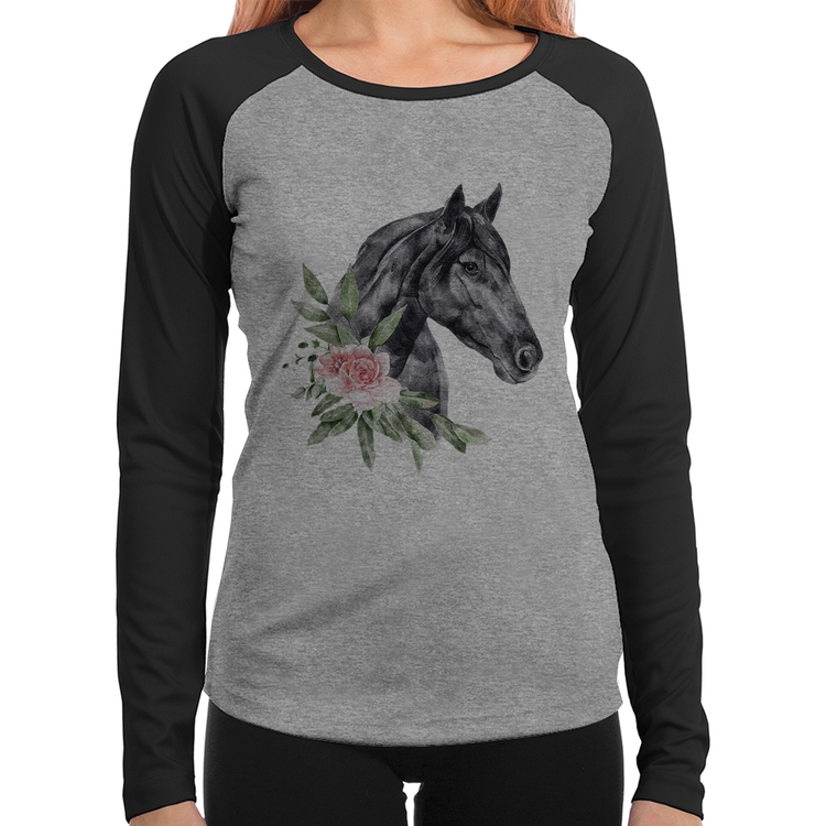 Baby Look Raglan Cavalo e Flores Manga Longa - Cinza/Preto