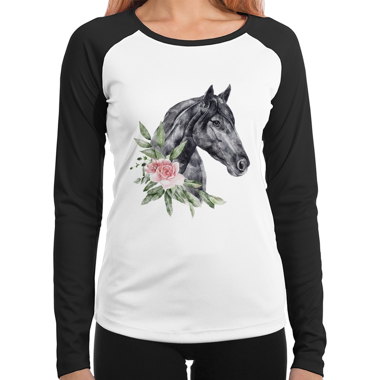 Baby Look Raglan Cavalo e Flores Manga Longa