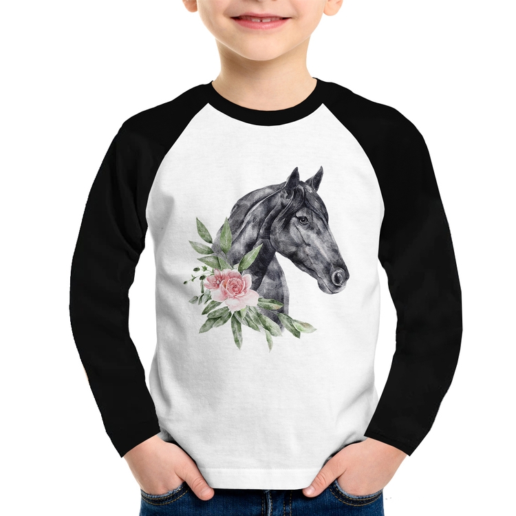 Camiseta Raglan Infantil Cavalo e Flores Manga Longa