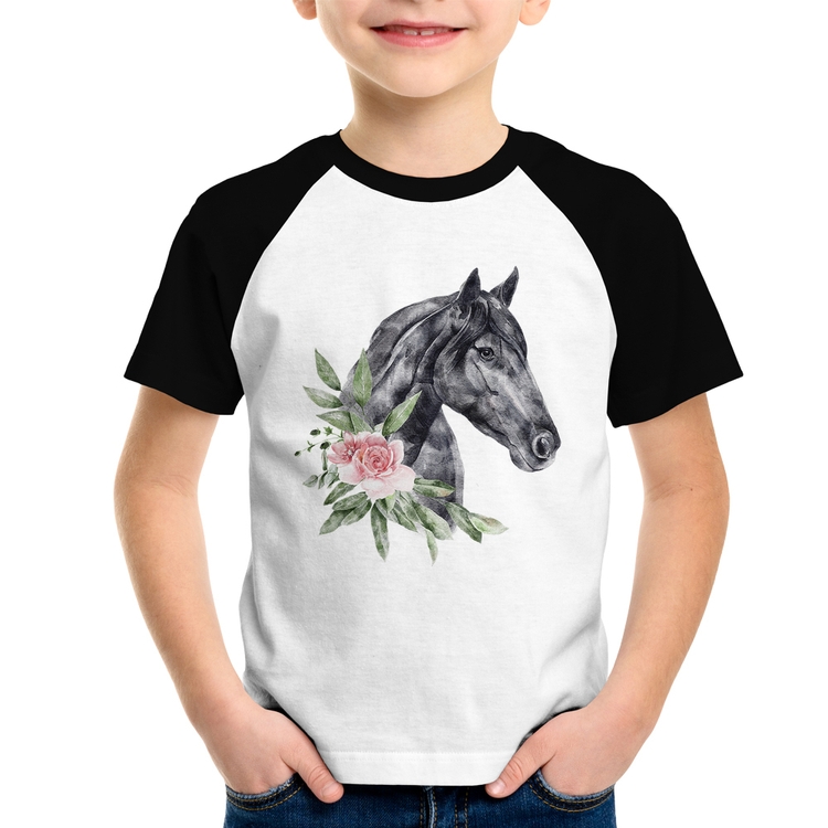 Camiseta Raglan Infantil Cavalo e Flores