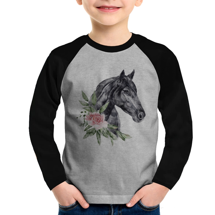 Camiseta Raglan Infantil Cavalo e Flores Manga Longa - Cinza/Preto