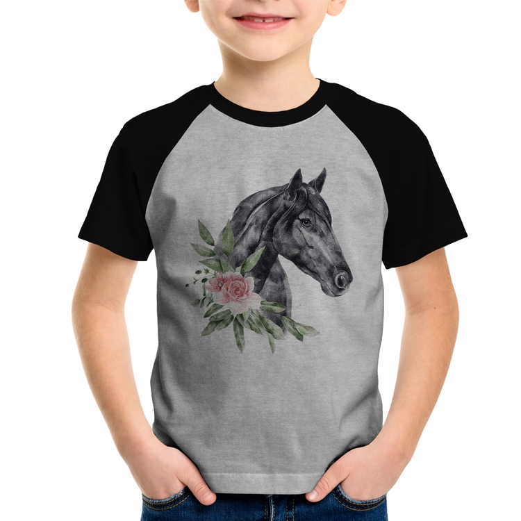 Camiseta Raglan Infantil Cavalo e Flores - Cinza/Preto
