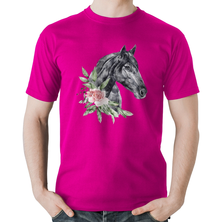 Camiseta Algodão Cavalo e Flores - Rosa