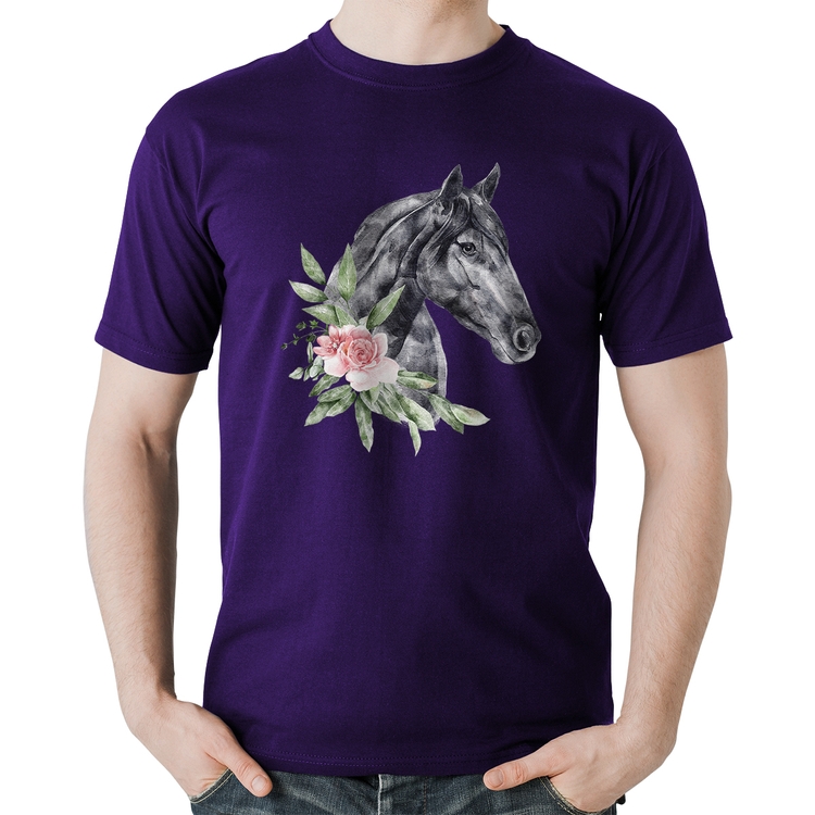 Camiseta Algodão Cavalo e Flores - Roxa