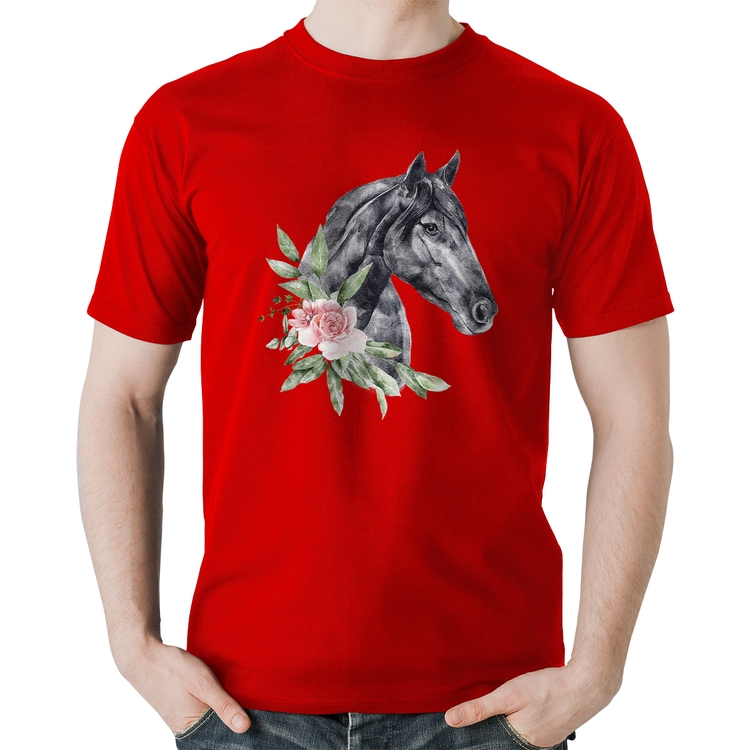 Camiseta Algodão Cavalo e Flores - Vermelha